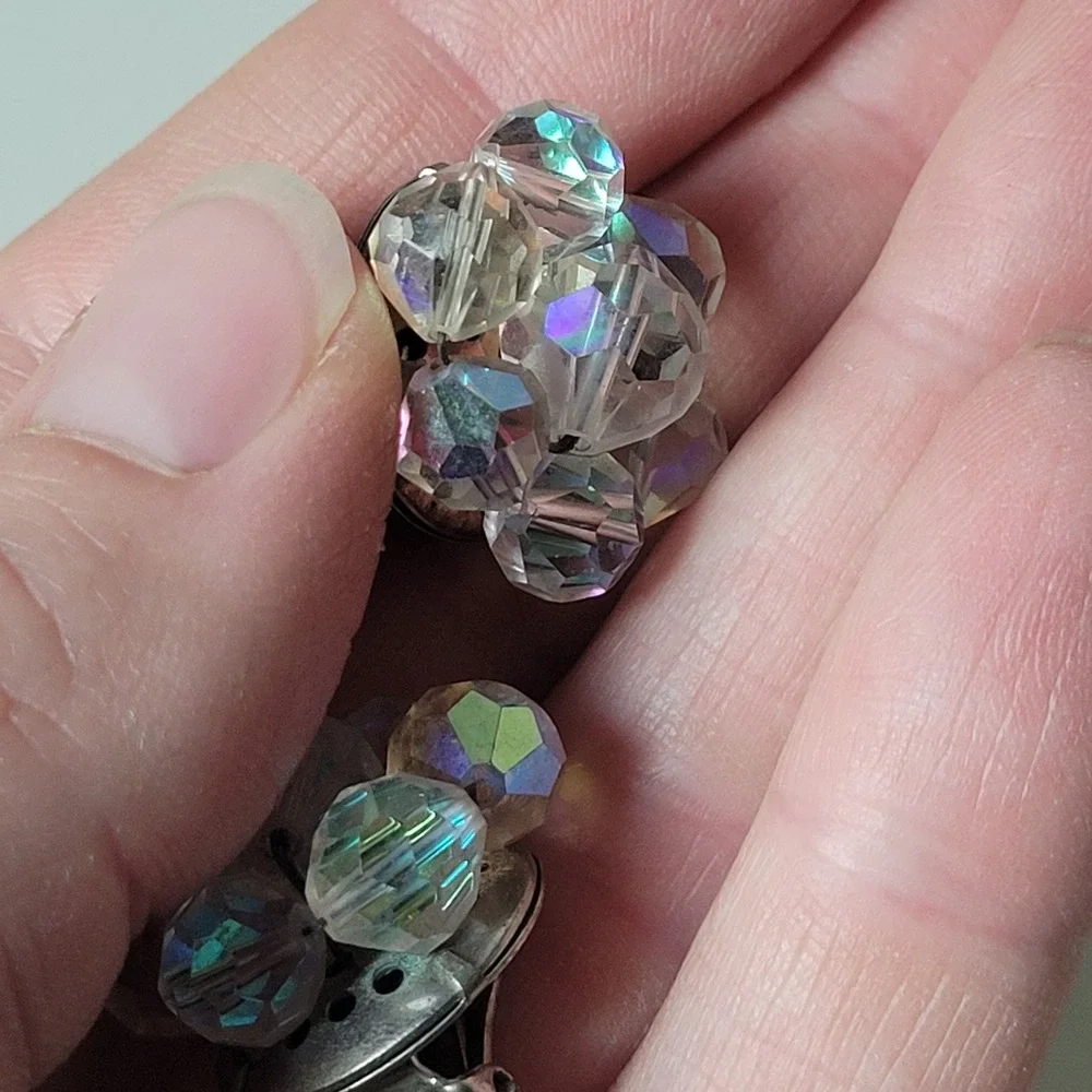 Vintage AB Crystal Cluster Clip On Earrings Womens OS Clear Good Iridescent MCM